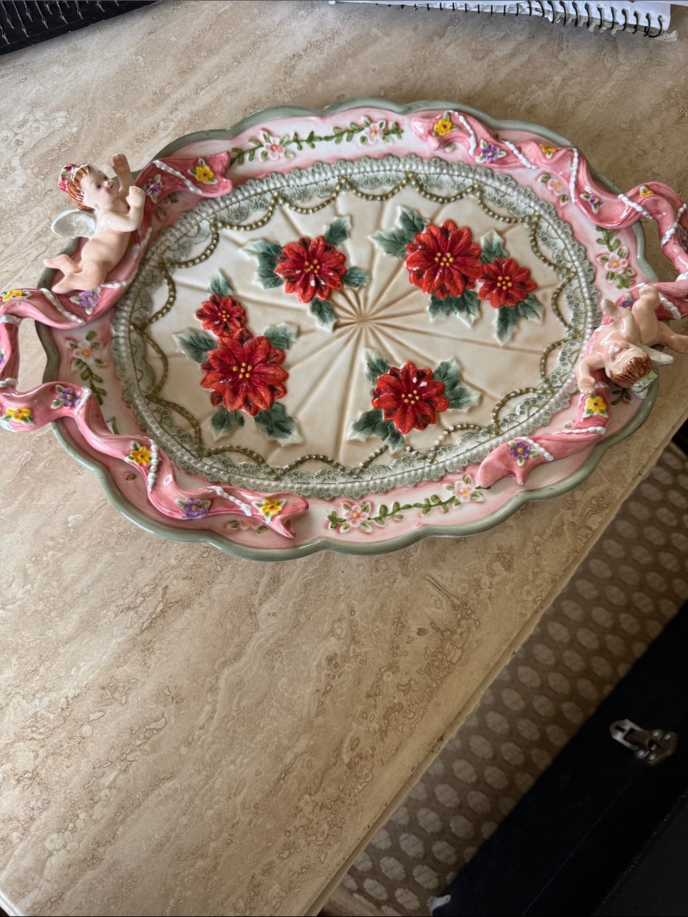 Floral Cherub Ceramic Decorative Tray - Pink & Red